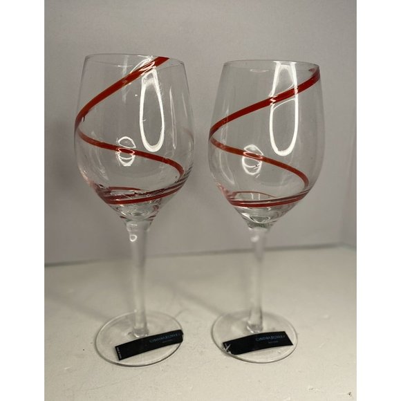 Rowley Red Swirl Stemmed Wine Glasses Lg Bordeaux Holiday Christmas - Picture 7 of 7